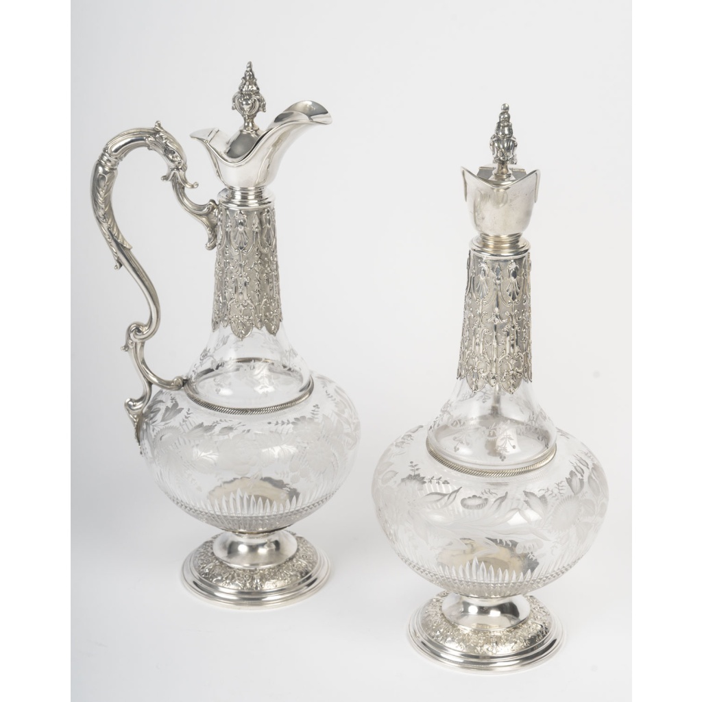 ARMAND GROSS – Paire d&rsquo; Aiguières en cristal et argent massif fin XIXe 17