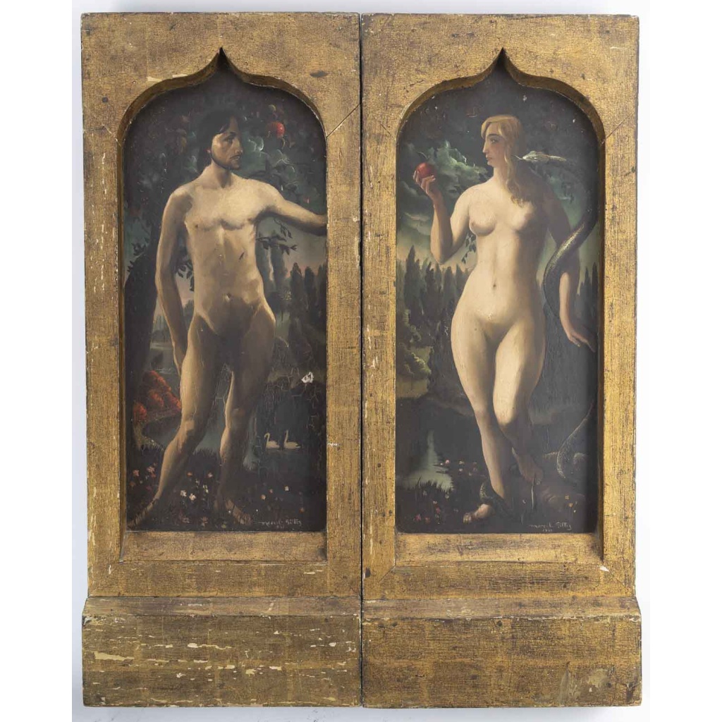 Marcel Gillis (Belgique, XXe siècle) Adam et Eve, 1931 Diptyque, huile sur panneau