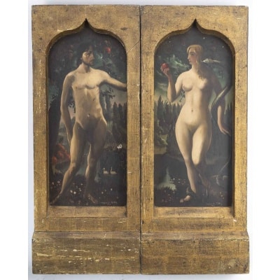 Marcel Gillis (Belgique, XXe siècle) Adam et Eve, 1931 Diptyque, huile sur panneau Marcel Gillis (Belgique, XXe siècle) Adam et Eve, 1931 Diptyque, huile sur panneau