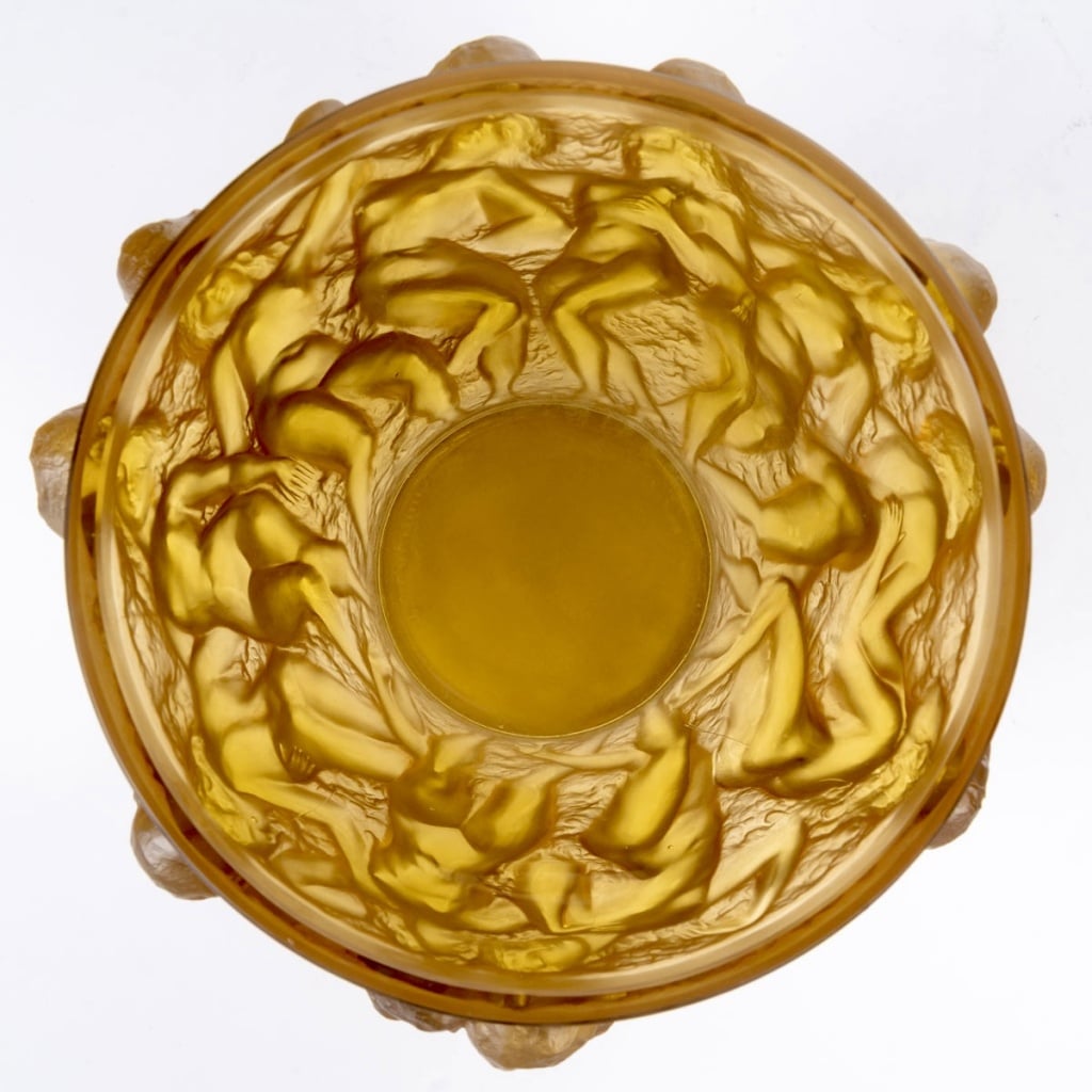 Vase « Bacchantes » verre jaune ambré patiné sépia de René LALIQUE 7