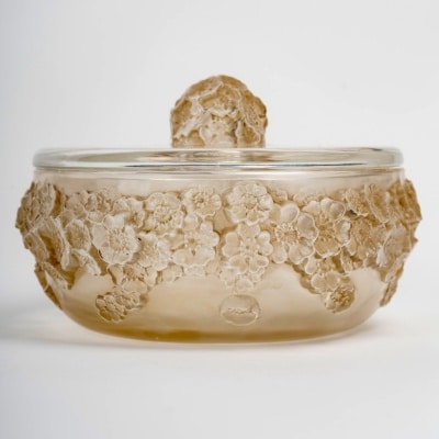 Boîte « Primevères » verre blanc patiné sépia de René LALIQUE Boîte « Primevères » verre blanc patiné sépia de René LALIQUE