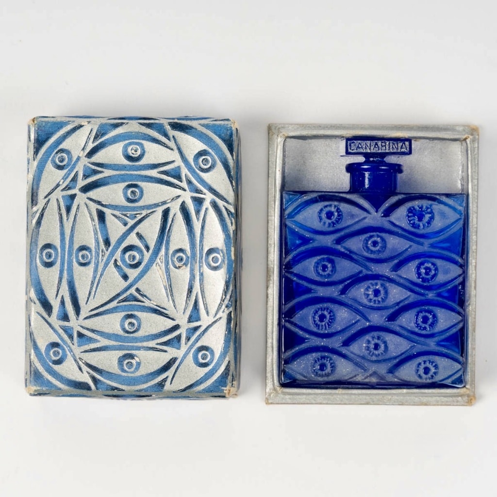 Flacon « Les Yeux Bleus » verre bleu cobalt patiné blanc de René LALIQUE pour Canarina 2