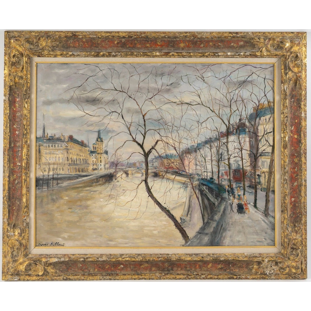 Serge Belloni (1925-2005) – Vue en hiver du Quai de Bourbon à Paris huile sur toile vers 1970 2 Serge Belloni (1925-2005) – Vue en hiver du Quai de Bourbon à Paris huile sur toile vers 1970 2