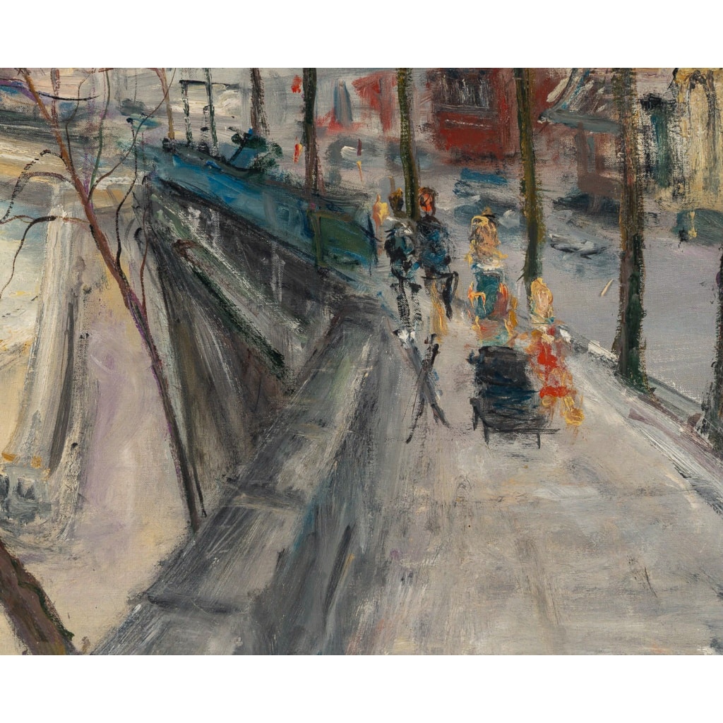 Serge Belloni (1925-2005) – Vue en hiver du Quai de Bourbon à Paris huile sur toile vers 1970 4 Serge Belloni (1925-2005) – Vue en hiver du Quai de Bourbon à Paris huile sur toile vers 1970 4