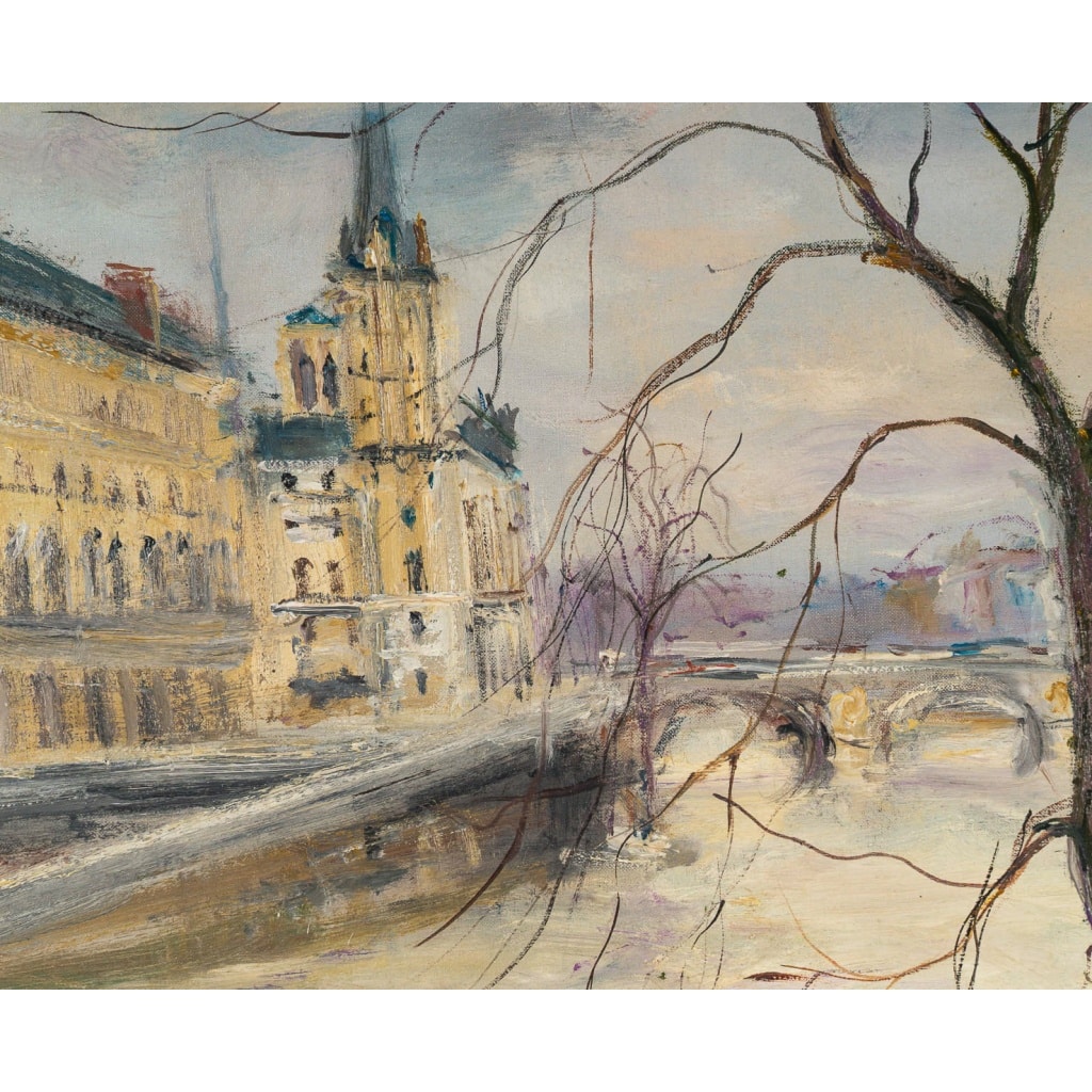 Serge Belloni (1925-2005) – Vue en hiver du Quai de Bourbon à Paris huile sur toile vers 1970 6 Serge Belloni (1925-2005) – Vue en hiver du Quai de Bourbon à Paris huile sur toile vers 1970 6