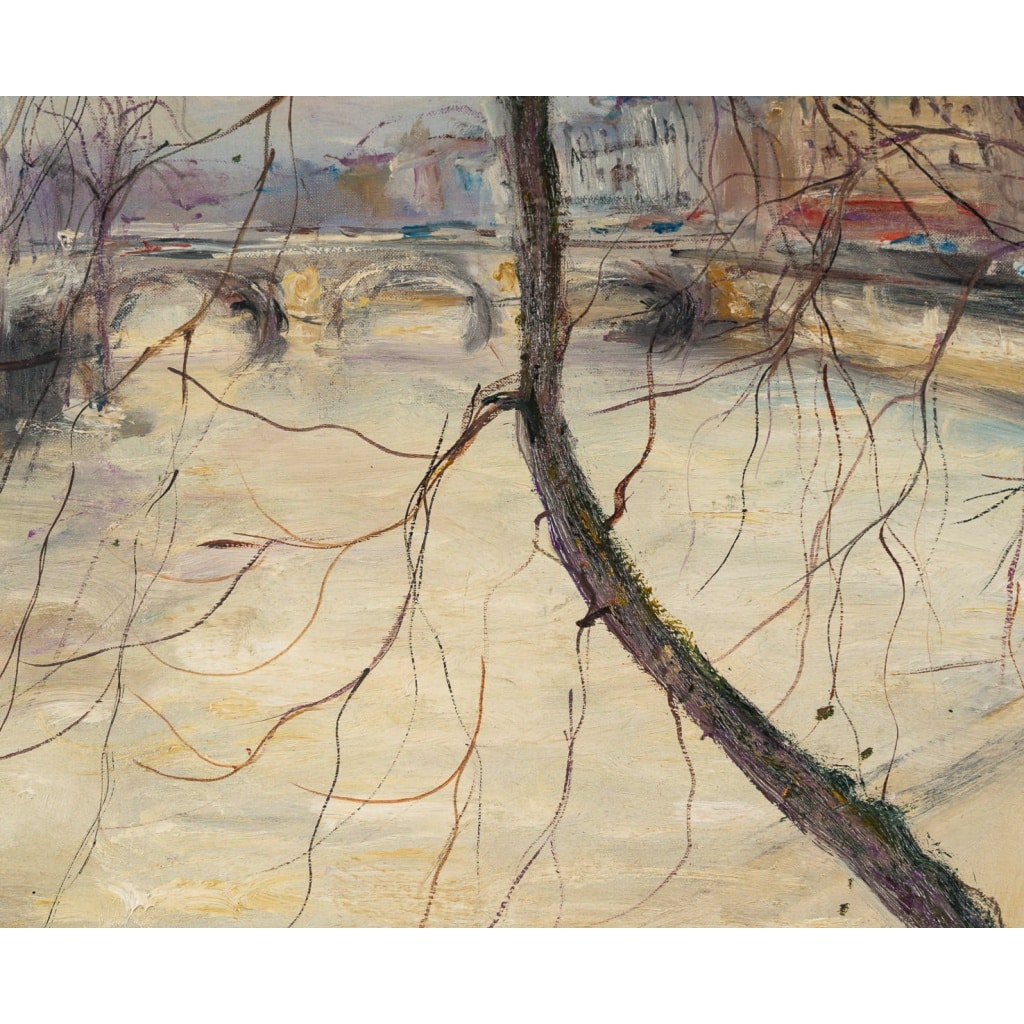Serge Belloni (1925-2005) – Vue en hiver du Quai de Bourbon à Paris huile sur toile vers 1970 7 Serge Belloni (1925-2005) – Vue en hiver du Quai de Bourbon à Paris huile sur toile vers 1970 7