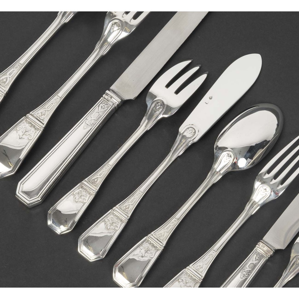 JEAN TETARD – C. CHRISTOFLE MENAGERE 144 PIECES  » AUBUSSON  » ARGENT MASSIF Epoque 1930 12