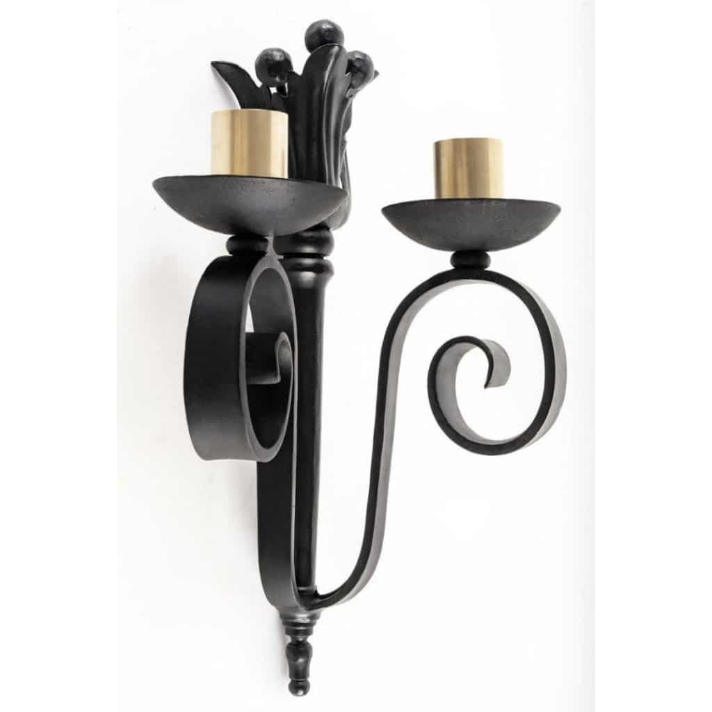 1940 Paire d&rsquo;appliques murales en fer forgé Maison Cheret 3