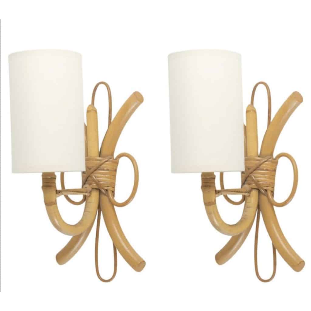 1950 Paire d&rsquo;appliques murales en rotin par Louis Sognot. 2