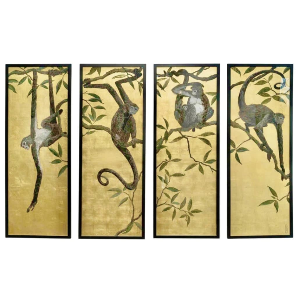Série de 4 panneaux décoratifs « Singes suspendus aux arbres » signés