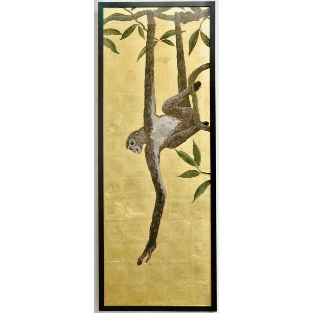 Série de 4 panneaux décoratifs « Singes suspendus aux arbres » signés 6