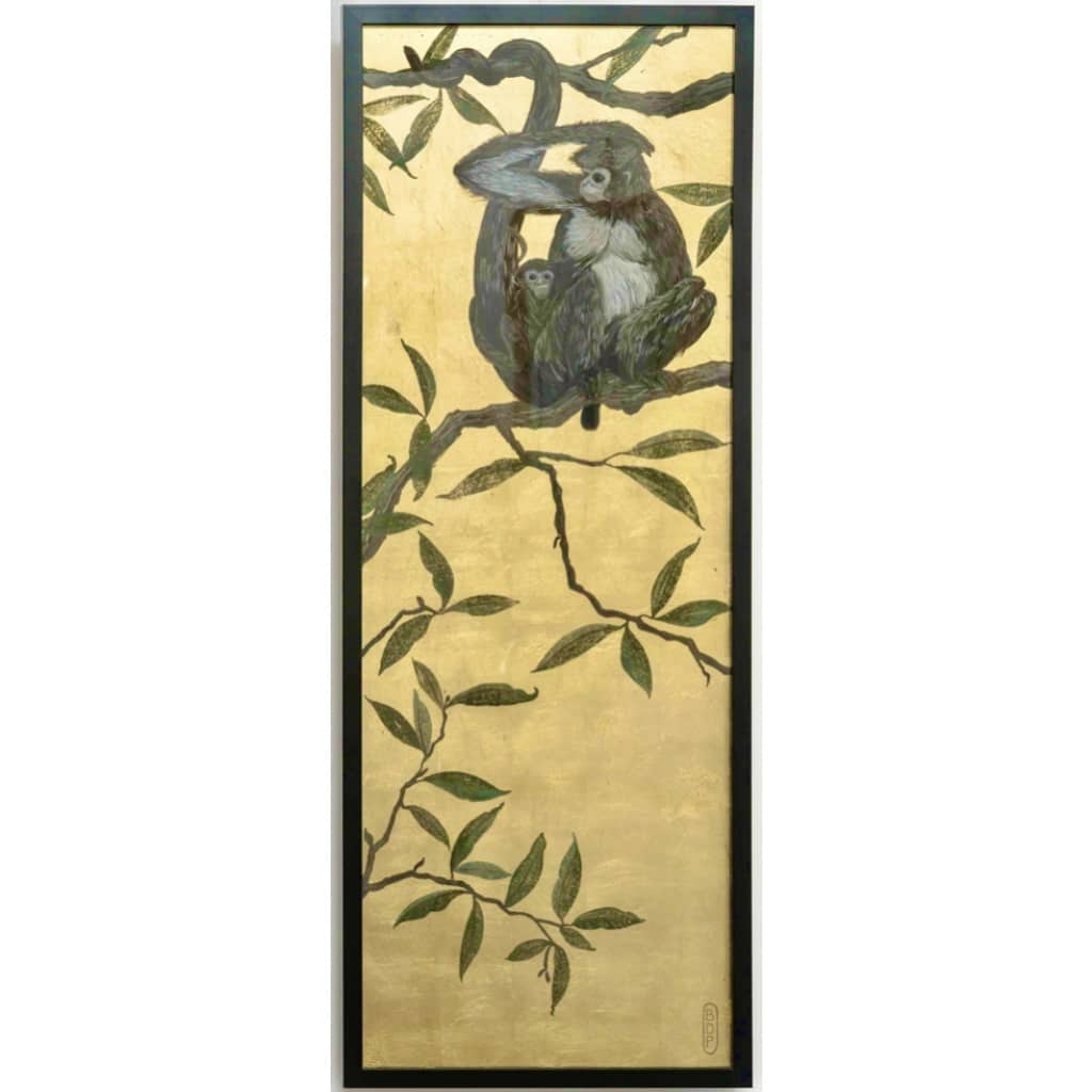 Série de 4 panneaux décoratifs « Singes suspendus aux arbres » signés 5