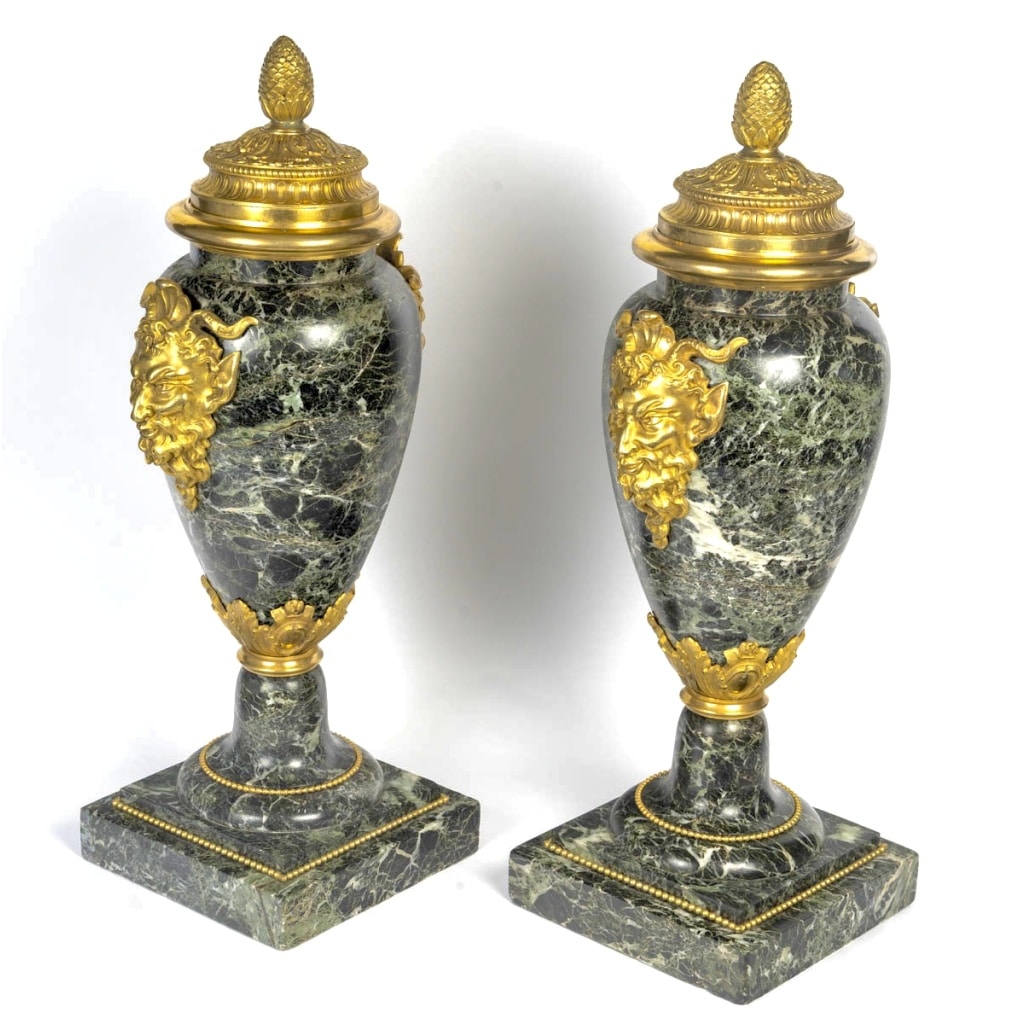 Paire de cassolettes en marbre vert de mer et bronze doré Fin 19ème siècle 6