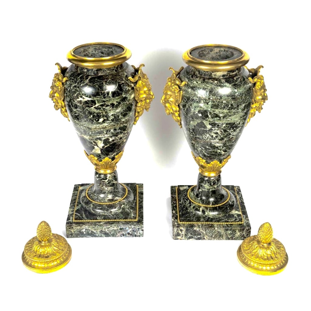 Paire de cassolettes en marbre vert de mer et bronze doré Fin 19ème siècle 4