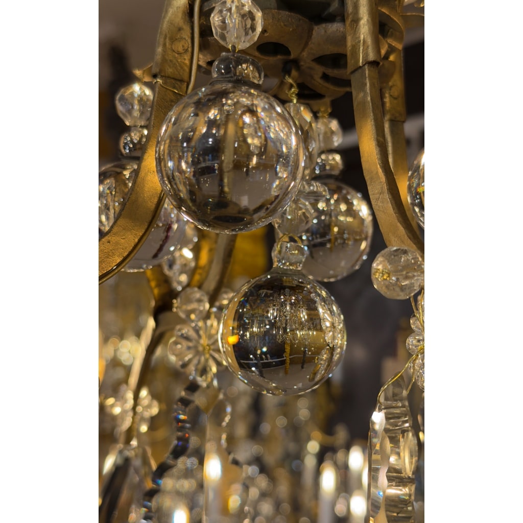 Petit Lustre en Fer à Patine Dorée et Cristal Taillé par Maison Baguès, vers 1920 5
