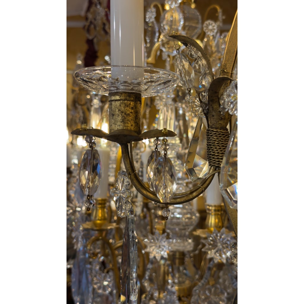Petit Lustre en Fer à Patine Dorée et Cristal Taillé par Maison Baguès, vers 1920 7