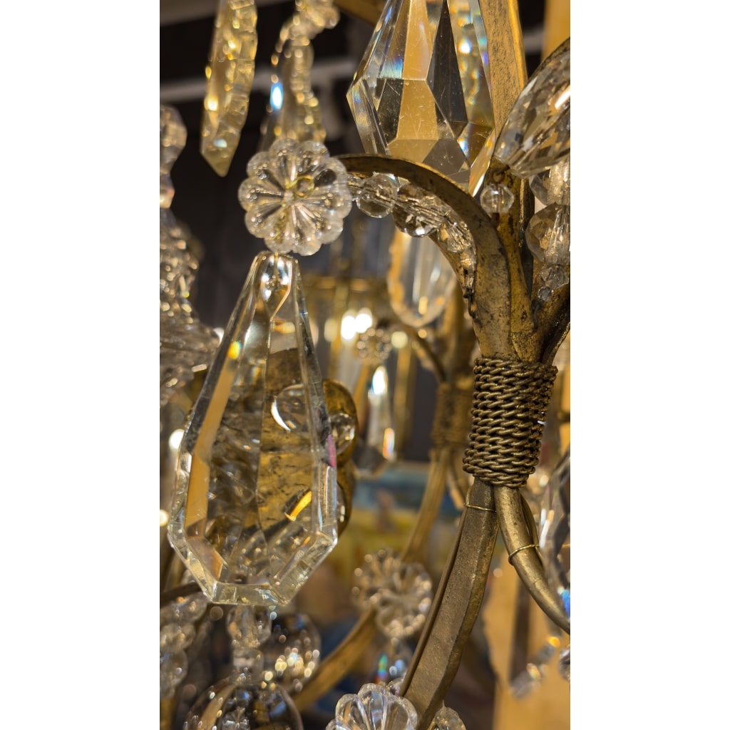 Petit Lustre en Fer à Patine Dorée et Cristal Taillé par Maison Baguès, vers 1920 8