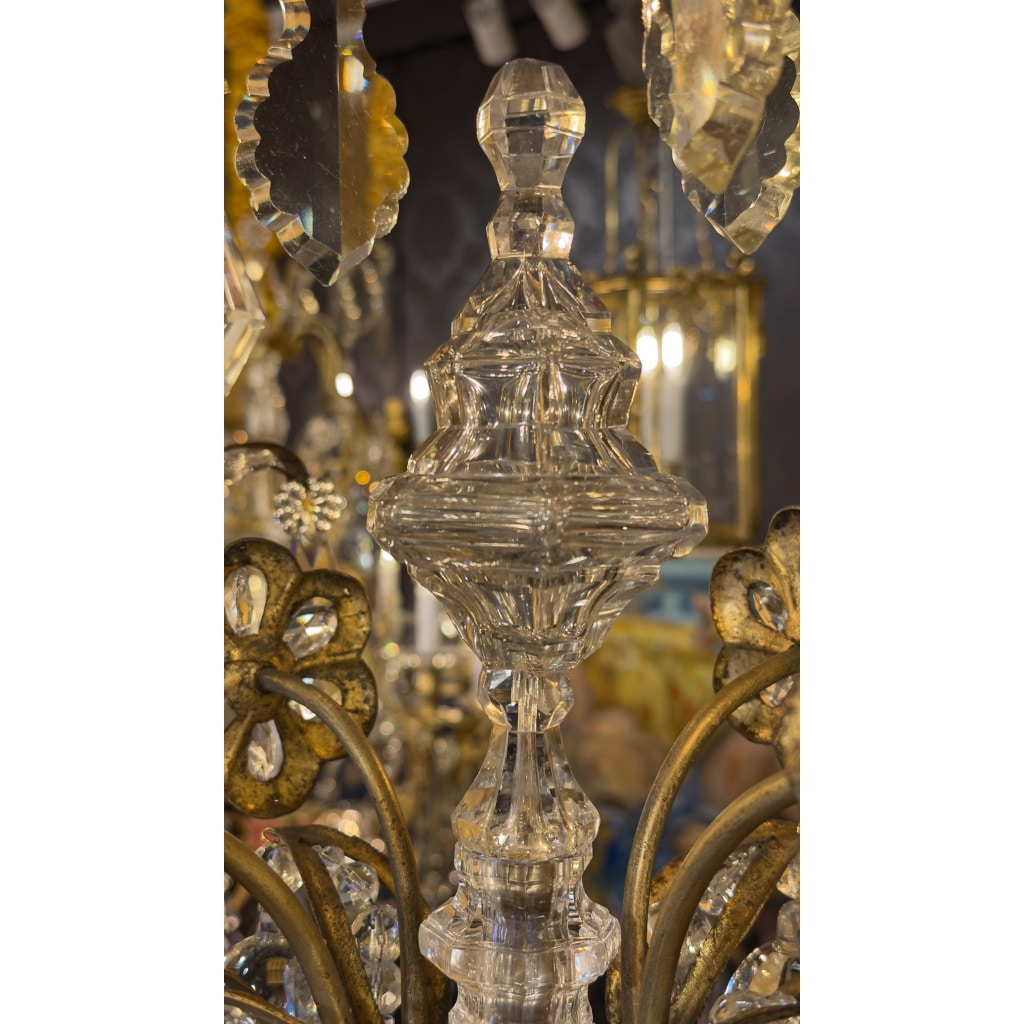 Petit Lustre en Fer à Patine Dorée et Cristal Taillé par Maison Baguès, vers 1920 9