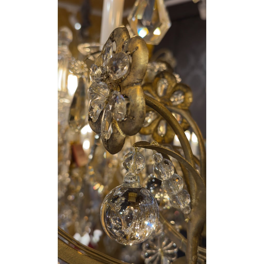 Petit Lustre en Fer à Patine Dorée et Cristal Taillé par Maison Baguès, vers 1920 11