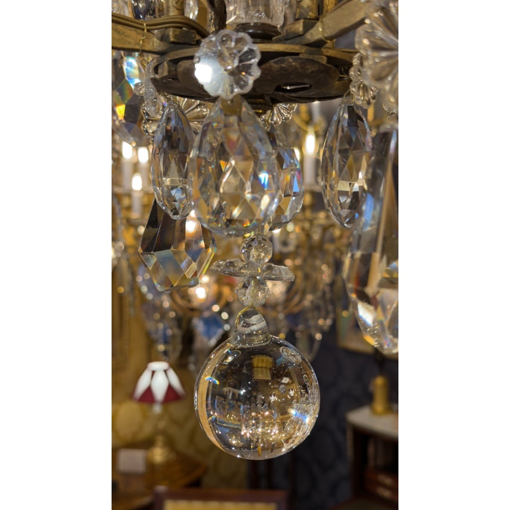 Petit Lustre en Fer à Patine Dorée et Cristal Taillé par Maison Baguès, vers 1920 21