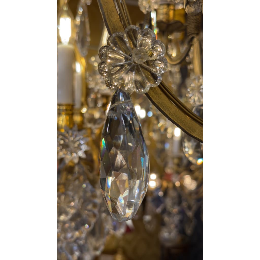 Petit Lustre en Fer à Patine Dorée et Cristal Taillé par Maison Baguès, vers 1920 12