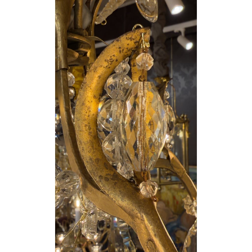 Petit Lustre en Fer à Patine Dorée et Cristal Taillé par Maison Baguès, vers 1920 13