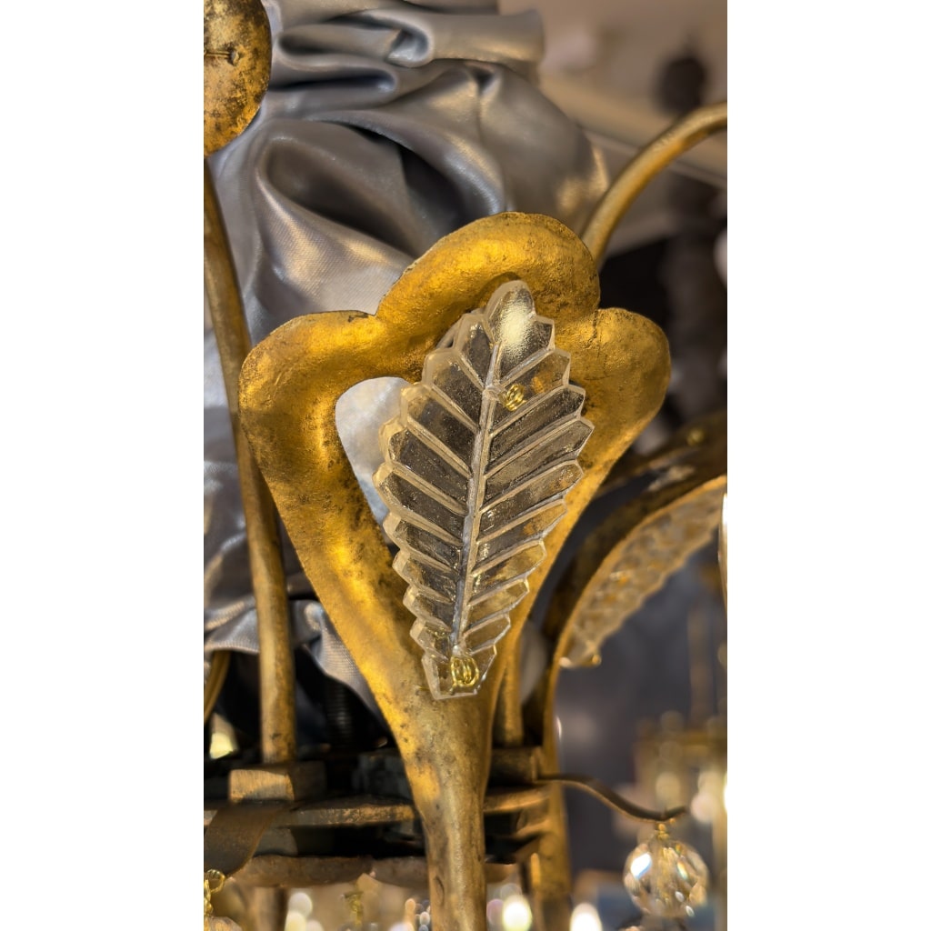 Petit Lustre en Fer à Patine Dorée et Cristal Taillé par Maison Baguès, vers 1920 14