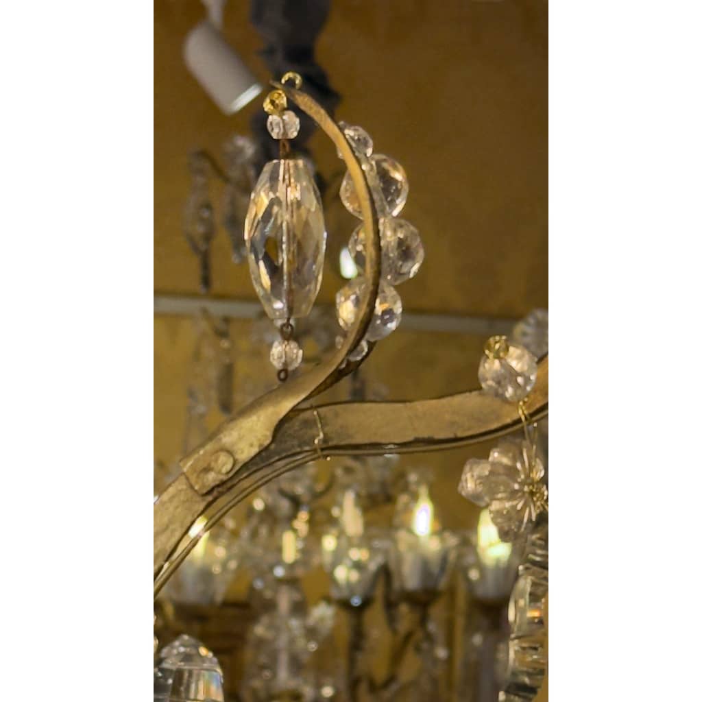 Petit Lustre en Fer à Patine Dorée et Cristal Taillé par Maison Baguès, vers 1920 15