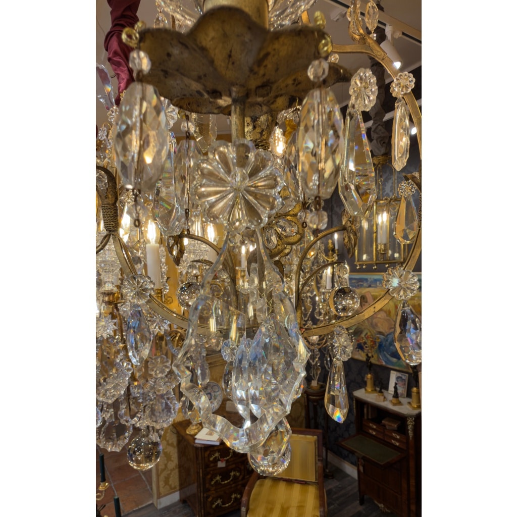 Petit Lustre en Fer à Patine Dorée et Cristal Taillé par Maison Baguès, vers 1920 16