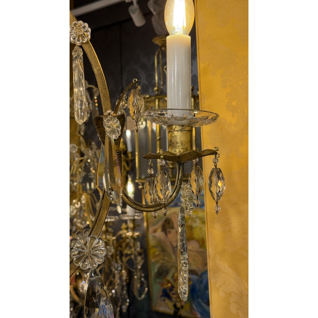 Petit Lustre en Fer à Patine Dorée et Cristal Taillé par Maison Baguès, vers 1920 18