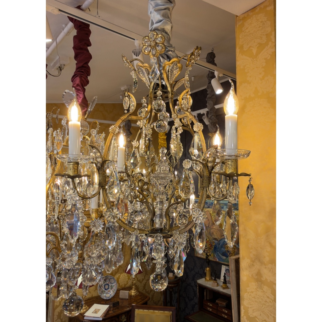 Petit Lustre en Fer à Patine Dorée et Cristal Taillé par Maison Baguès, vers 1920 23