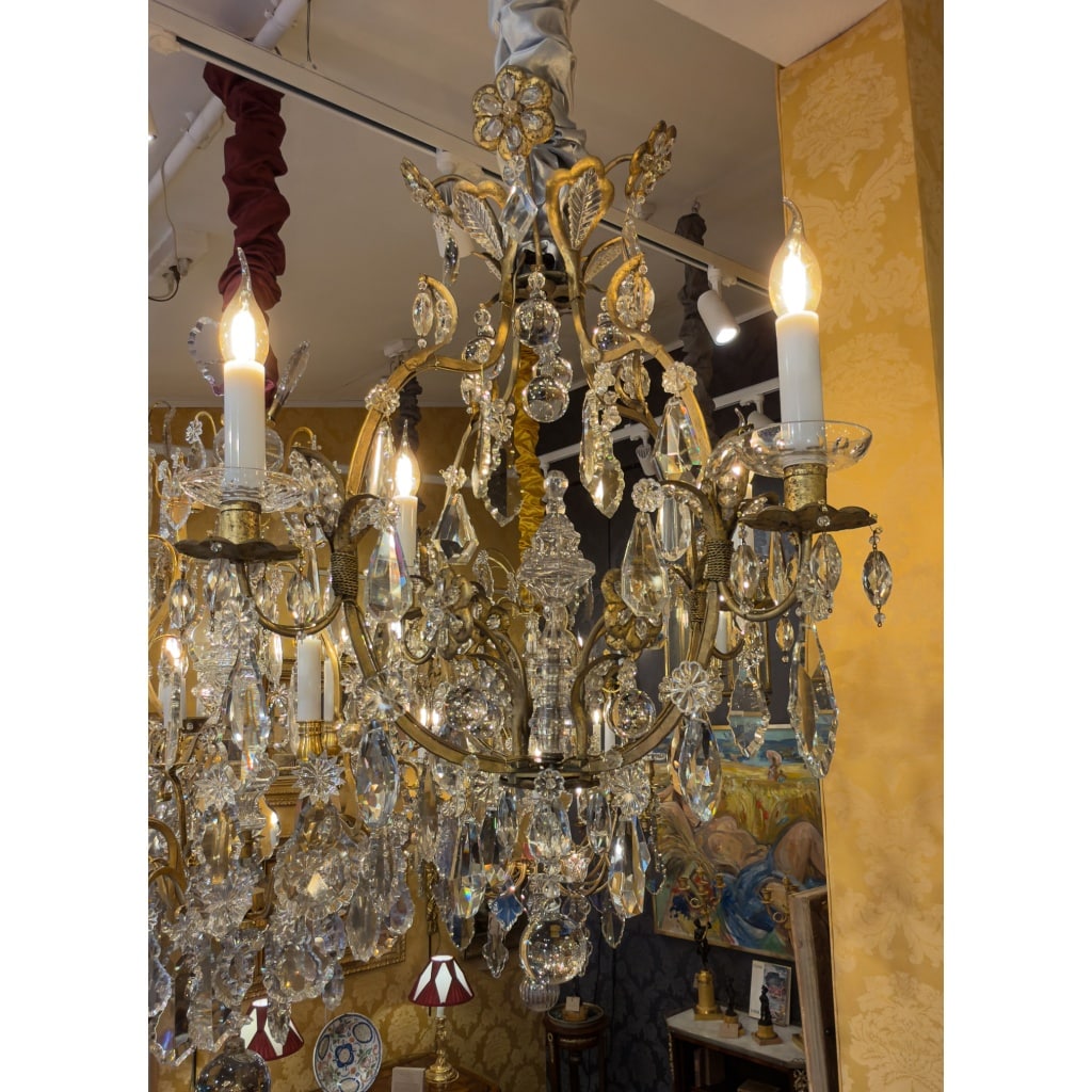 Petit Lustre en Fer à Patine Dorée et Cristal Taillé par Maison Baguès, vers 1920 24