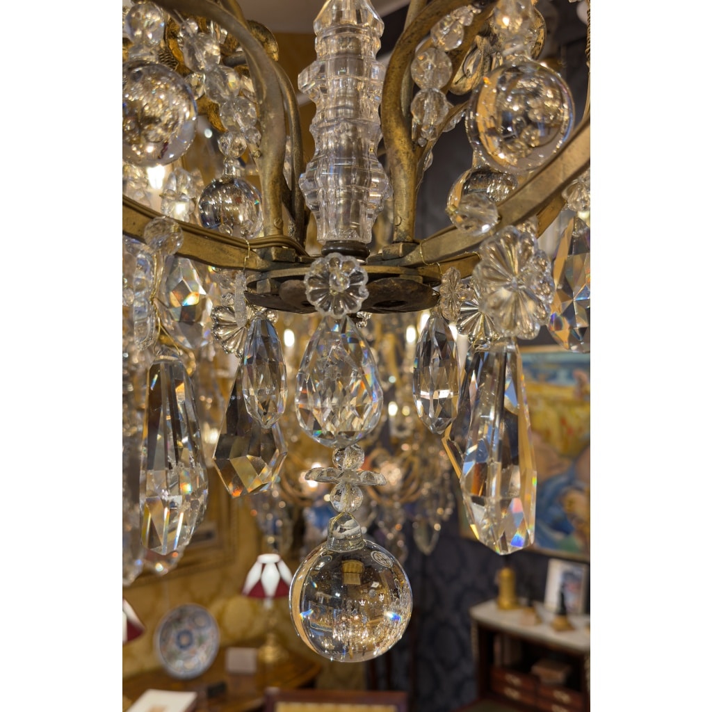 Petit Lustre en Fer à Patine Dorée et Cristal Taillé par Maison Baguès, vers 1920 22