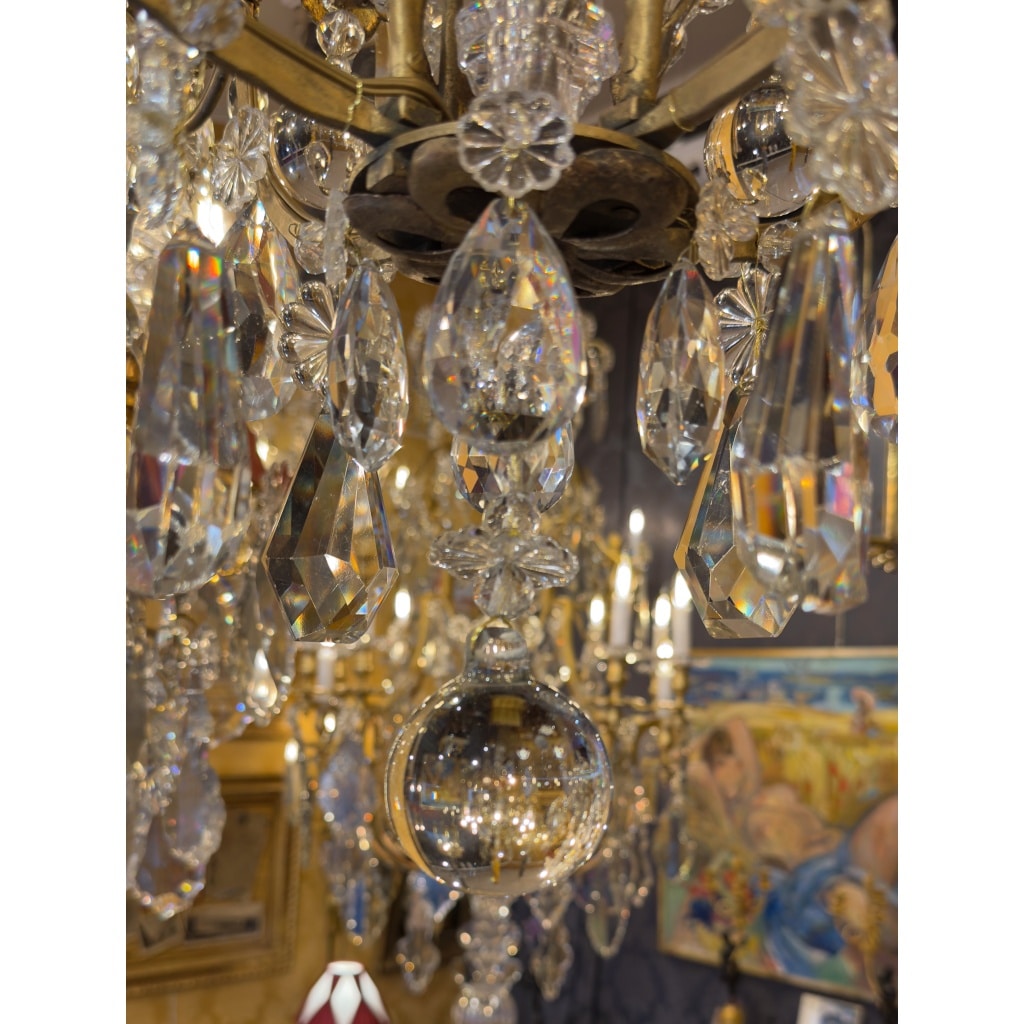 Petit Lustre en Fer à Patine Dorée et Cristal Taillé par Maison Baguès, vers 1920 19