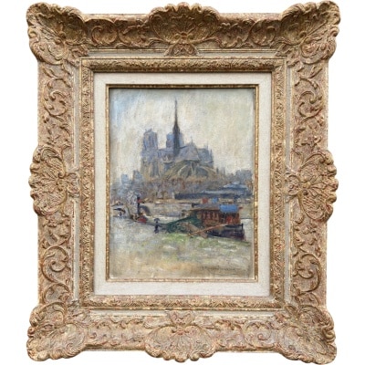 MORTON-JOHNSON Francis Paris Notre-Dame vue des quais de Seine Huile sur carton signée Certificat d&rsquo;authenticité