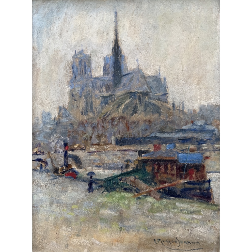 MORTON-JOHNSON Francis Paris Notre-Dame vue des quais de Seine Huile sur carton signée Certificat d&rsquo;authenticité 8