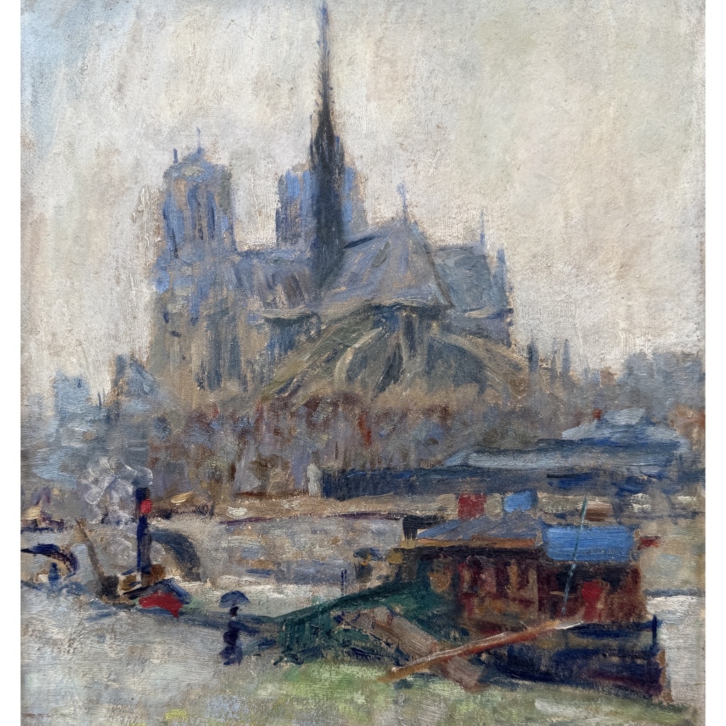 MORTON-JOHNSON Francis Paris Notre-Dame vue des quais de Seine Huile sur carton signée Certificat d&rsquo;authenticité 9