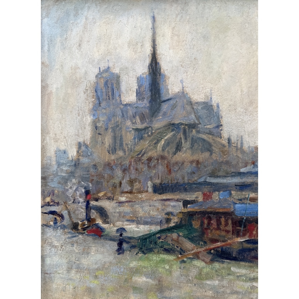 MORTON-JOHNSON Francis Paris Notre-Dame vue des quais de Seine Huile sur carton signée Certificat d&rsquo;authenticité 12