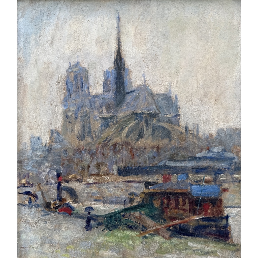 MORTON-JOHNSON Francis Paris Notre-Dame vue des quais de Seine Huile sur carton signée Certificat d&rsquo;authenticité 5