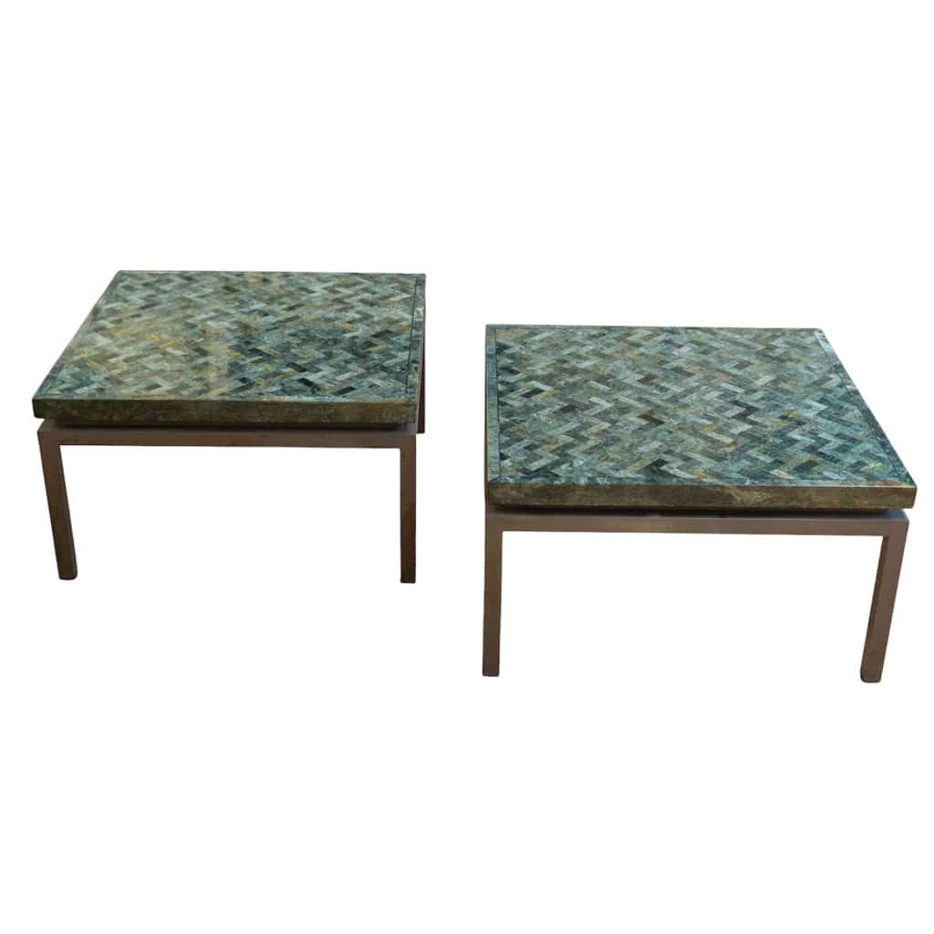 Paire de tables basses en marqueterie de marbre vert années 1970 5