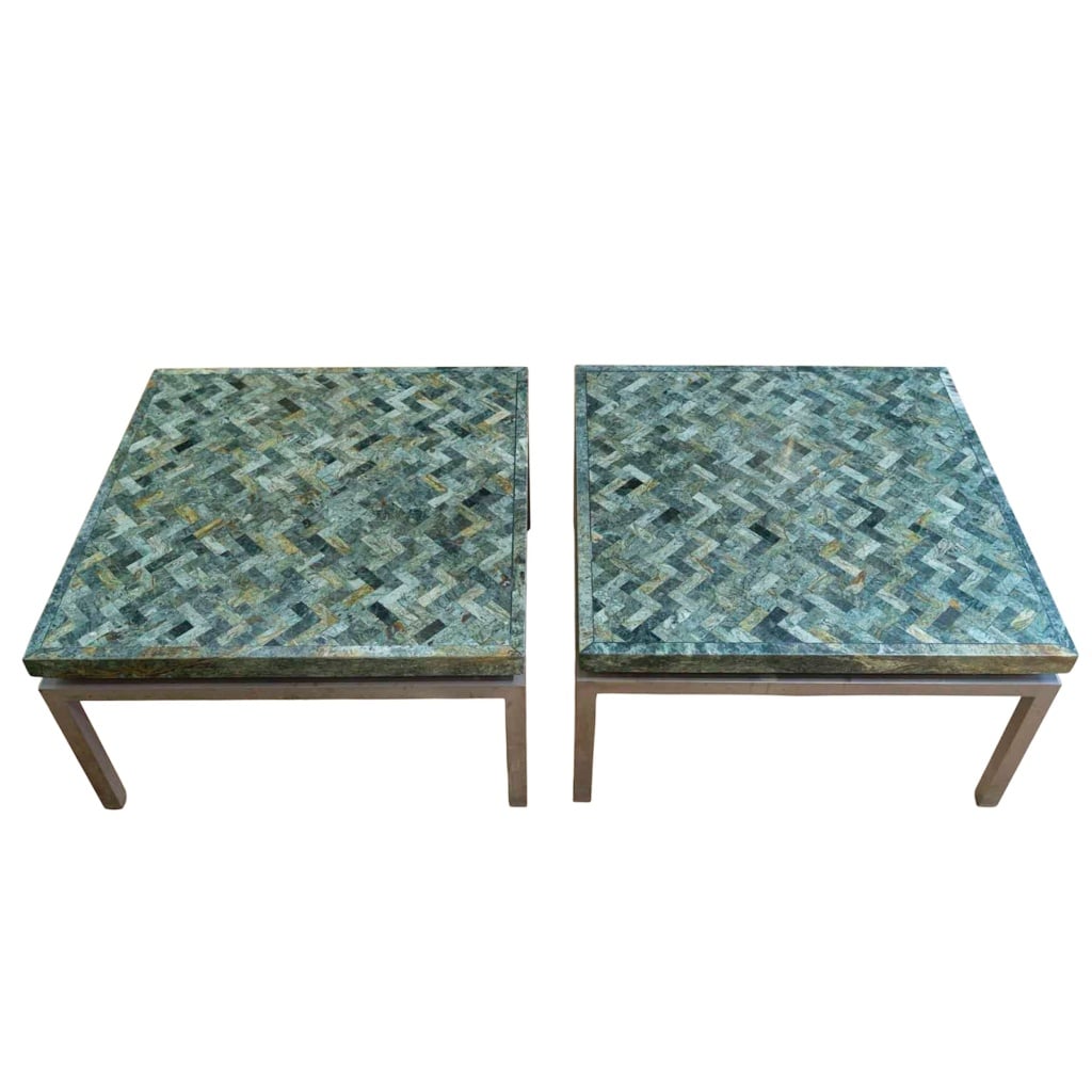 Paire de tables basses en marqueterie de marbre vert années 1970 6