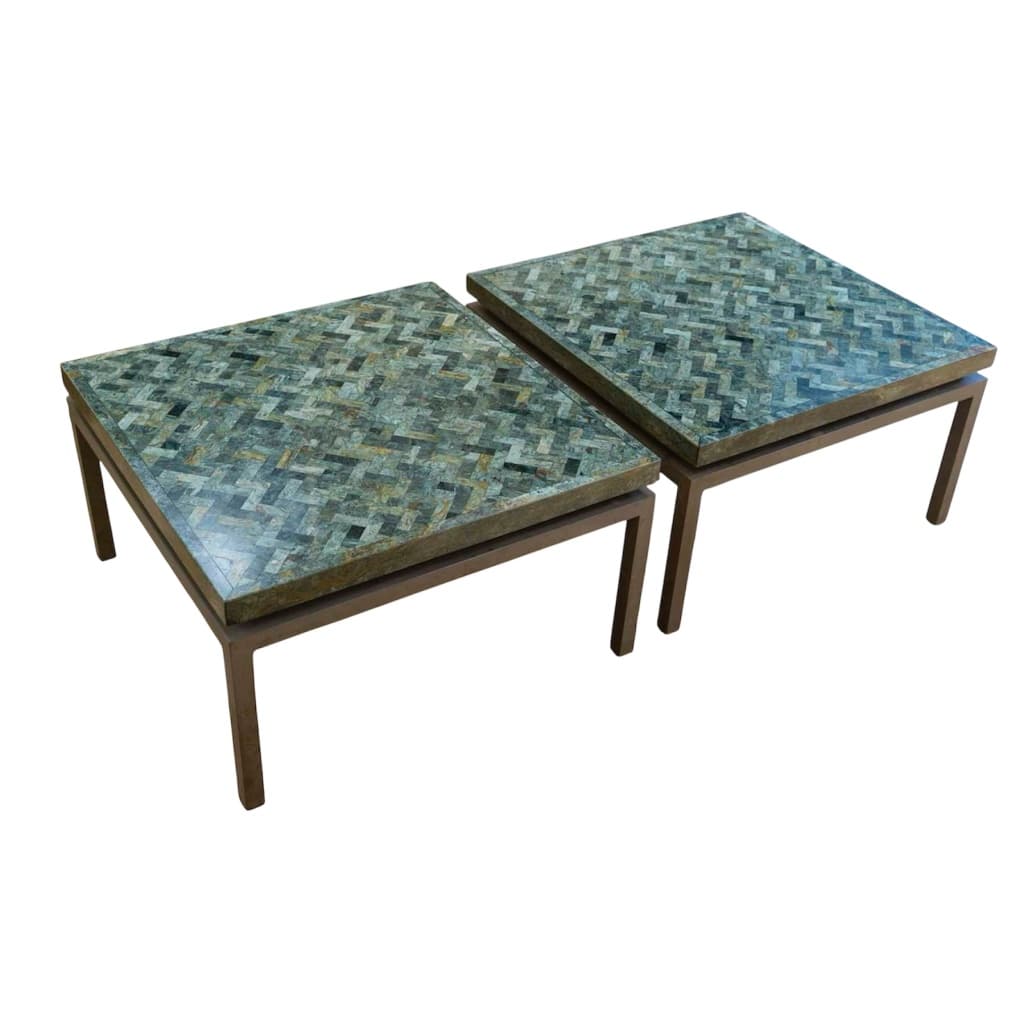 Paire de tables basses en marqueterie de marbre vert années 1970 2