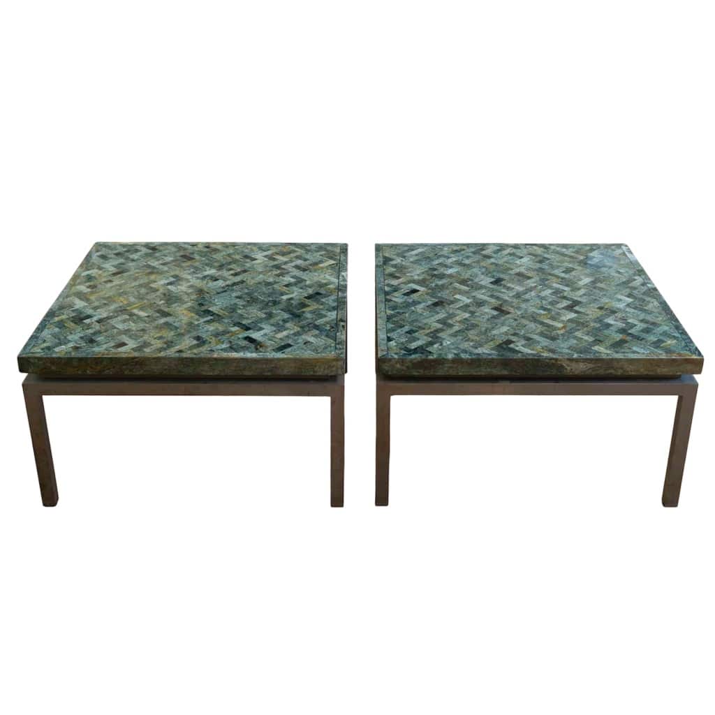 Paire de tables basses en marqueterie de marbre vert années 1970 4