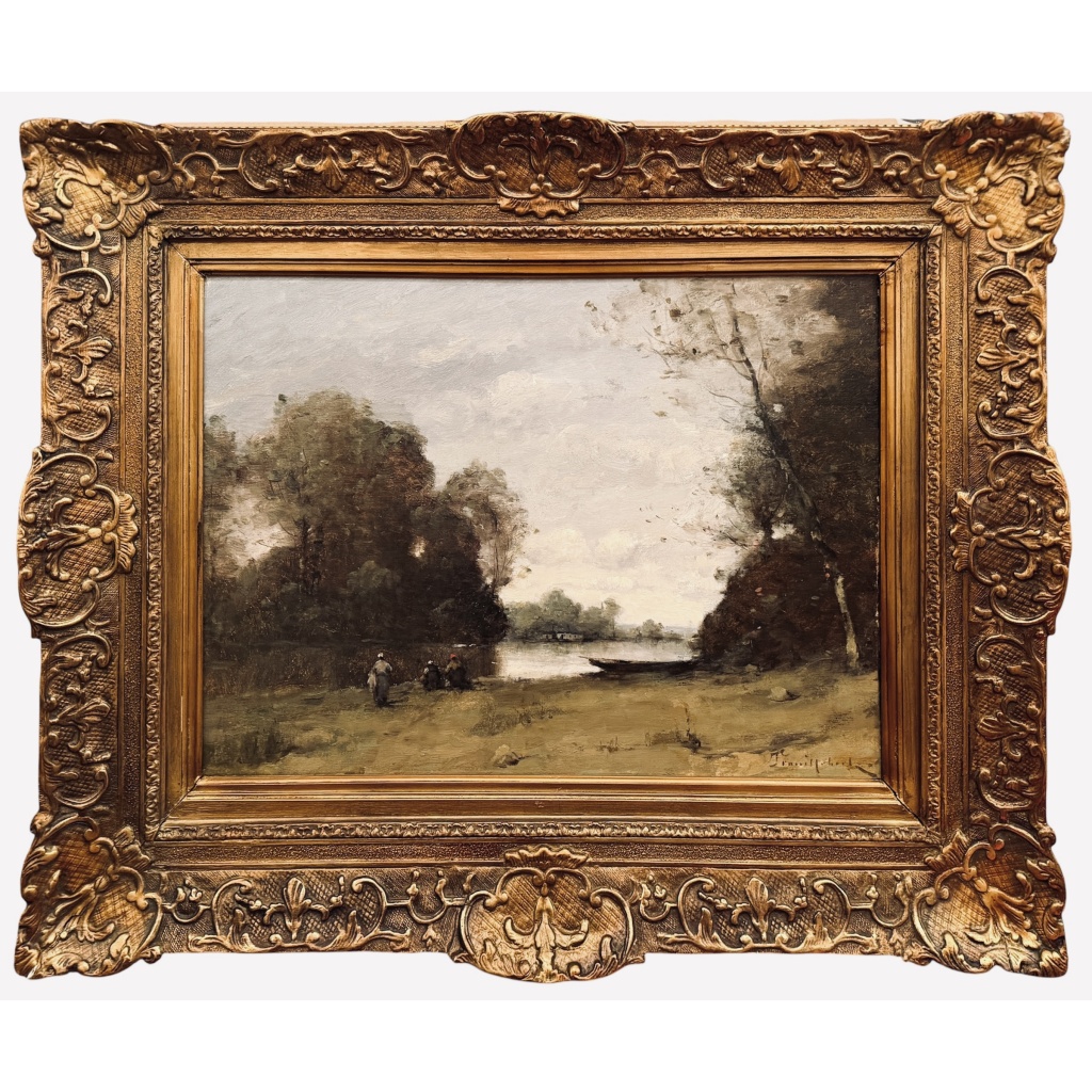 TROUILLEBERT Paul Desire Tableau 19è Ecole de Barbizon Lavandières Au Bord Du Fleuve Huile sut toile Signée Certificat d&rsquo;authenticité 10