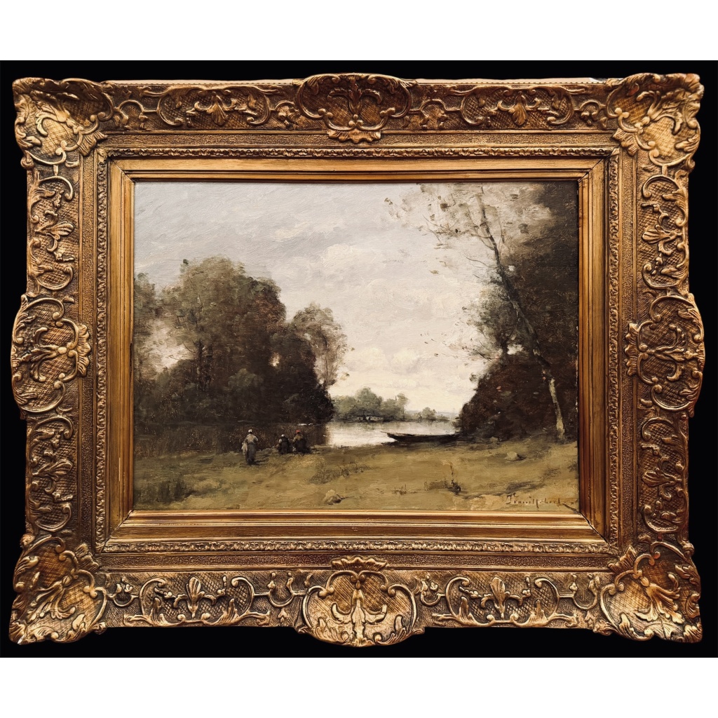 TROUILLEBERT Paul Desire Tableau 19è Ecole de Barbizon Lavandières Au Bord Du Fleuve Huile sut toile Signée Certificat d&rsquo;authenticité 11