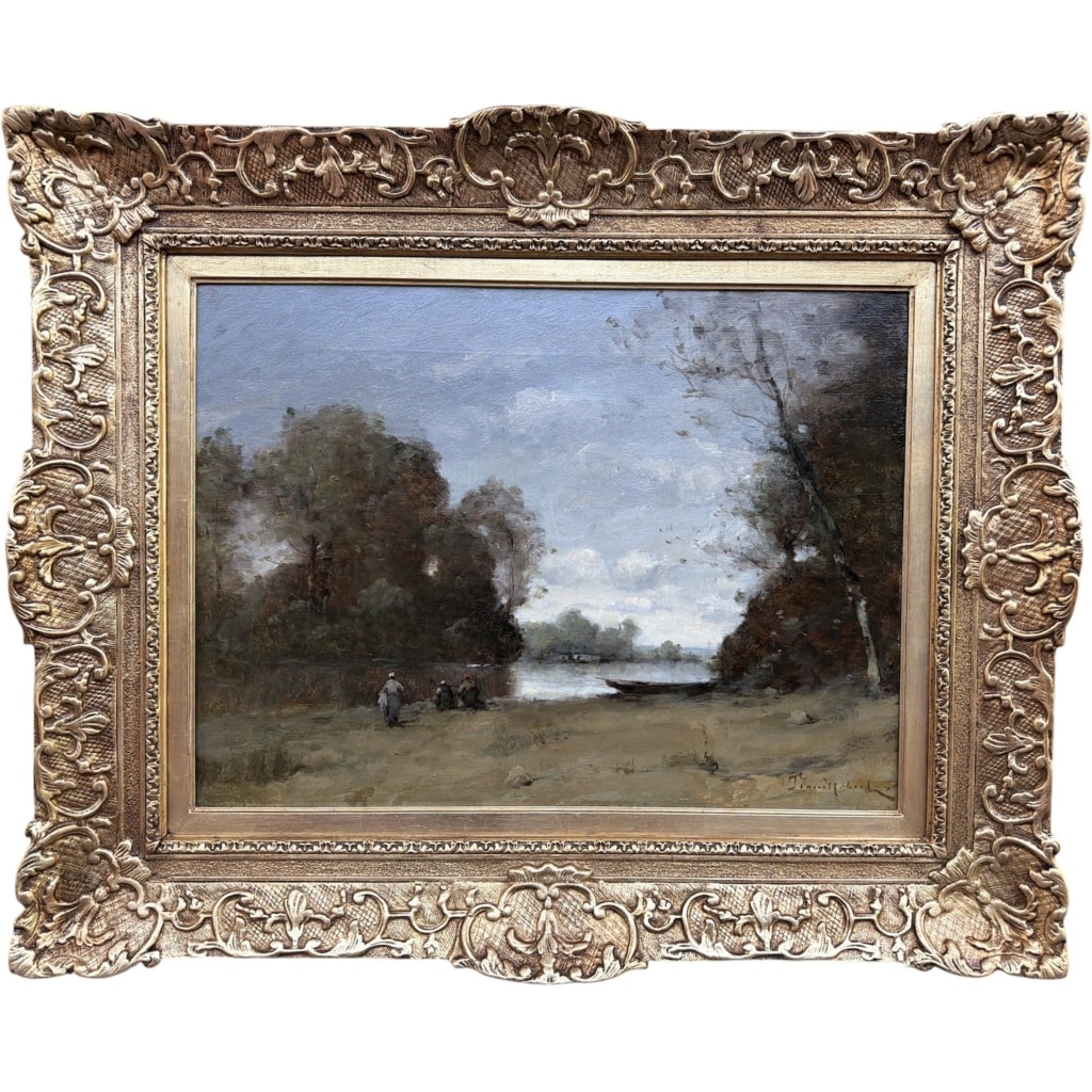 TROUILLEBERT Paul Desire Tableau 19è Ecole Barbizon Lavandières Bord Du Fleuve Huile Certificat 2