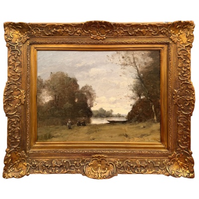 TROUILLEBERT Paul Desire Tableau 19è Ecole de Barbizon Lavandières Au Bord Du Fleuve Huile sut toile Signée Certificat d&rsquo;authenticité 2