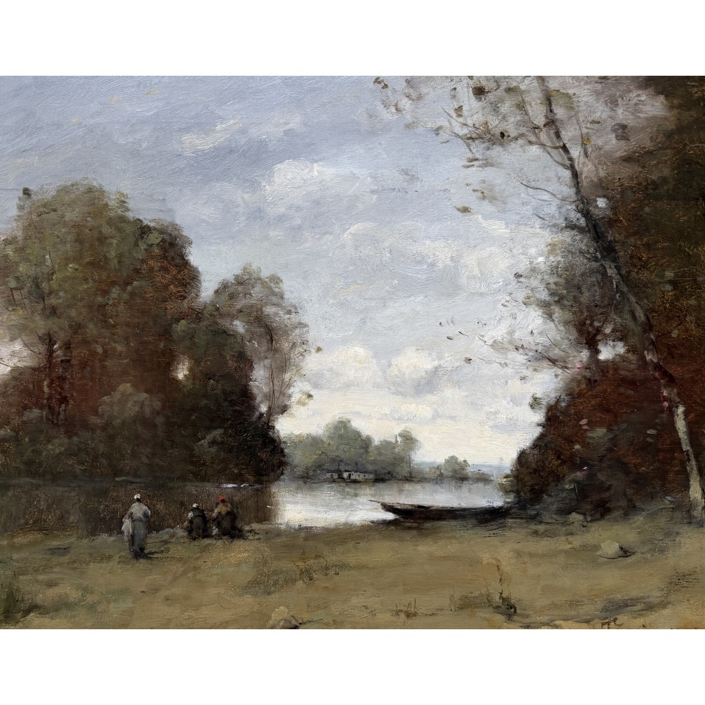 TROUILLEBERT Paul Desire Tableau 19è Ecole Barbizon Lavandières Bord Du Fleuve Huile Certificat 14