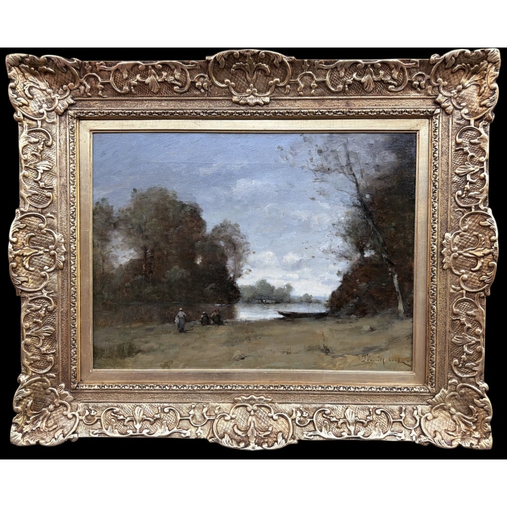 TROUILLEBERT Paul Desire Tableau 19è Ecole Barbizon Lavandières Bord Du Fleuve Huile Certificat 10