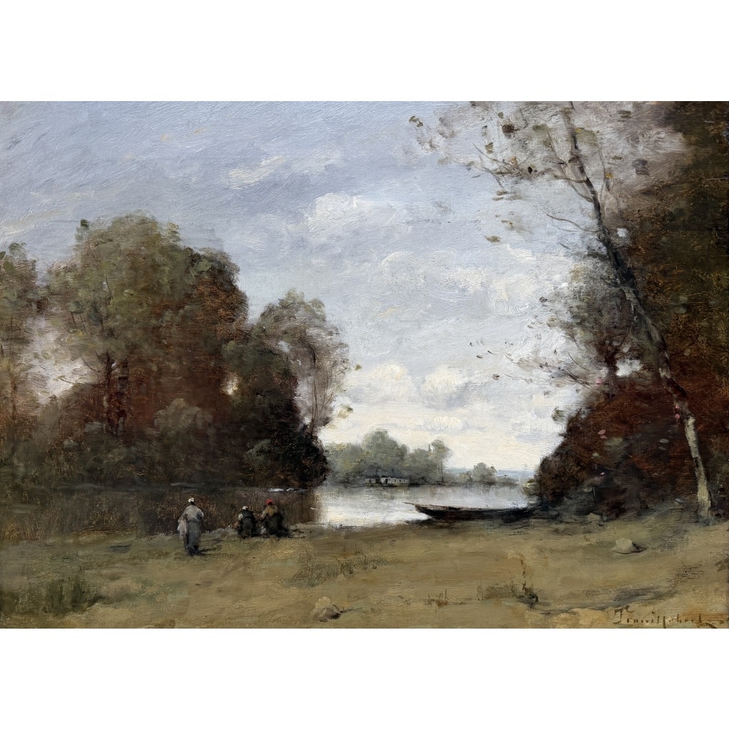 TROUILLEBERT Paul Desire Tableau 19è Ecole Barbizon Lavandières Bord Du Fleuve Huile Certificat 11
